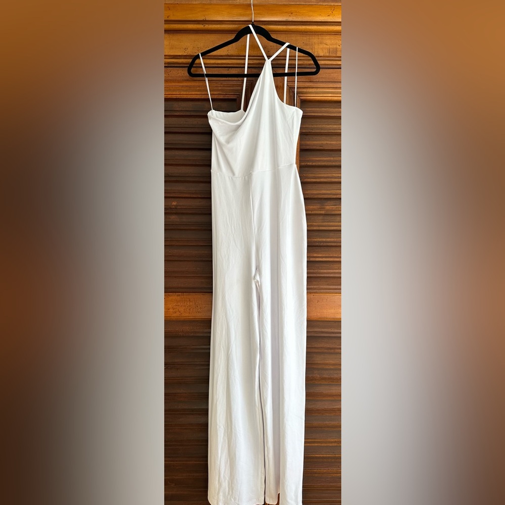 Susana Monaco Jumpsuit White One-Shoulder Strappy Stretch Jersey Size large NWT
